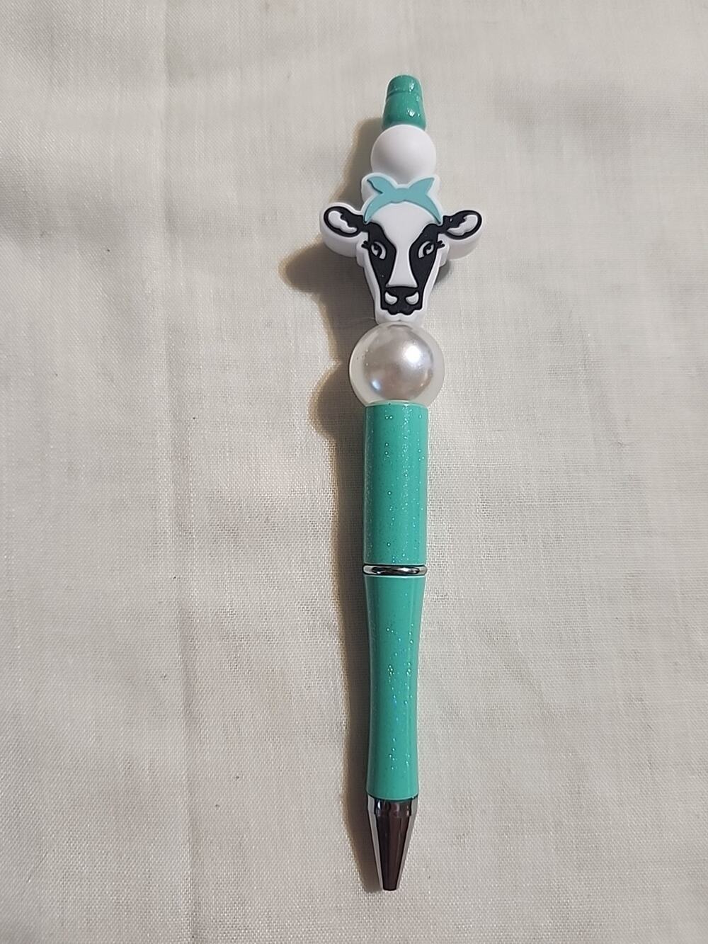 Bead Pen Dairy Cow Teal Pearl Bead Handmade